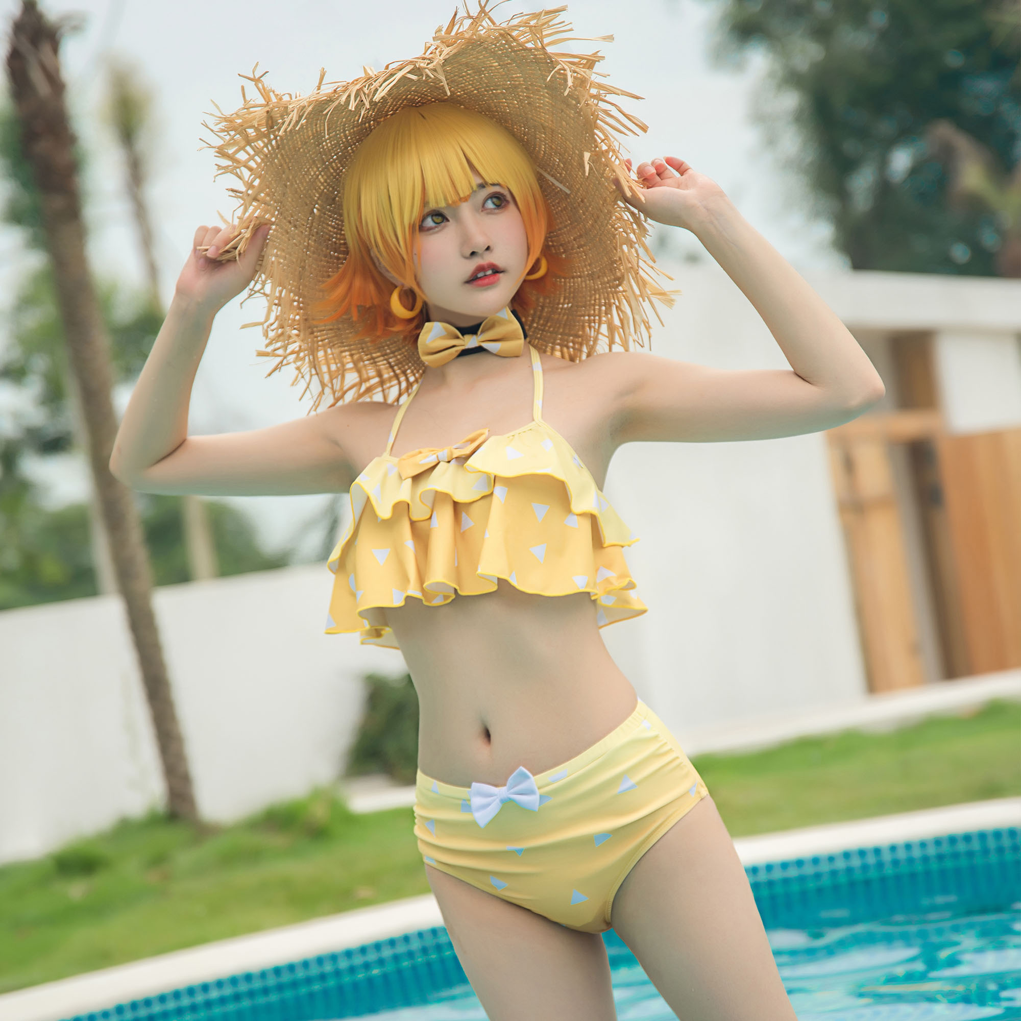 Women Two Piece Lace Up Anime Swimsuit Halter Layered Bikini Set Beach Anime  Bathing Suit 